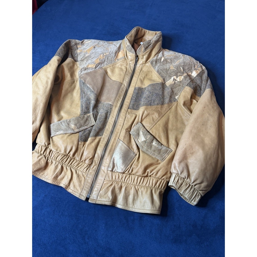 Vtg 1980s Clipper Bay Leather Bomber Jacket Mens L Yellow Floral Patchwork